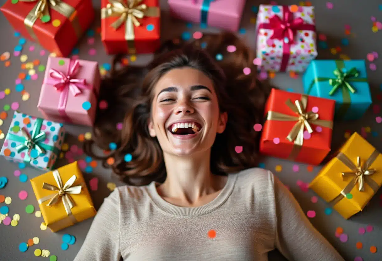 Une femme est allongée entre ses cadeaux et rit.