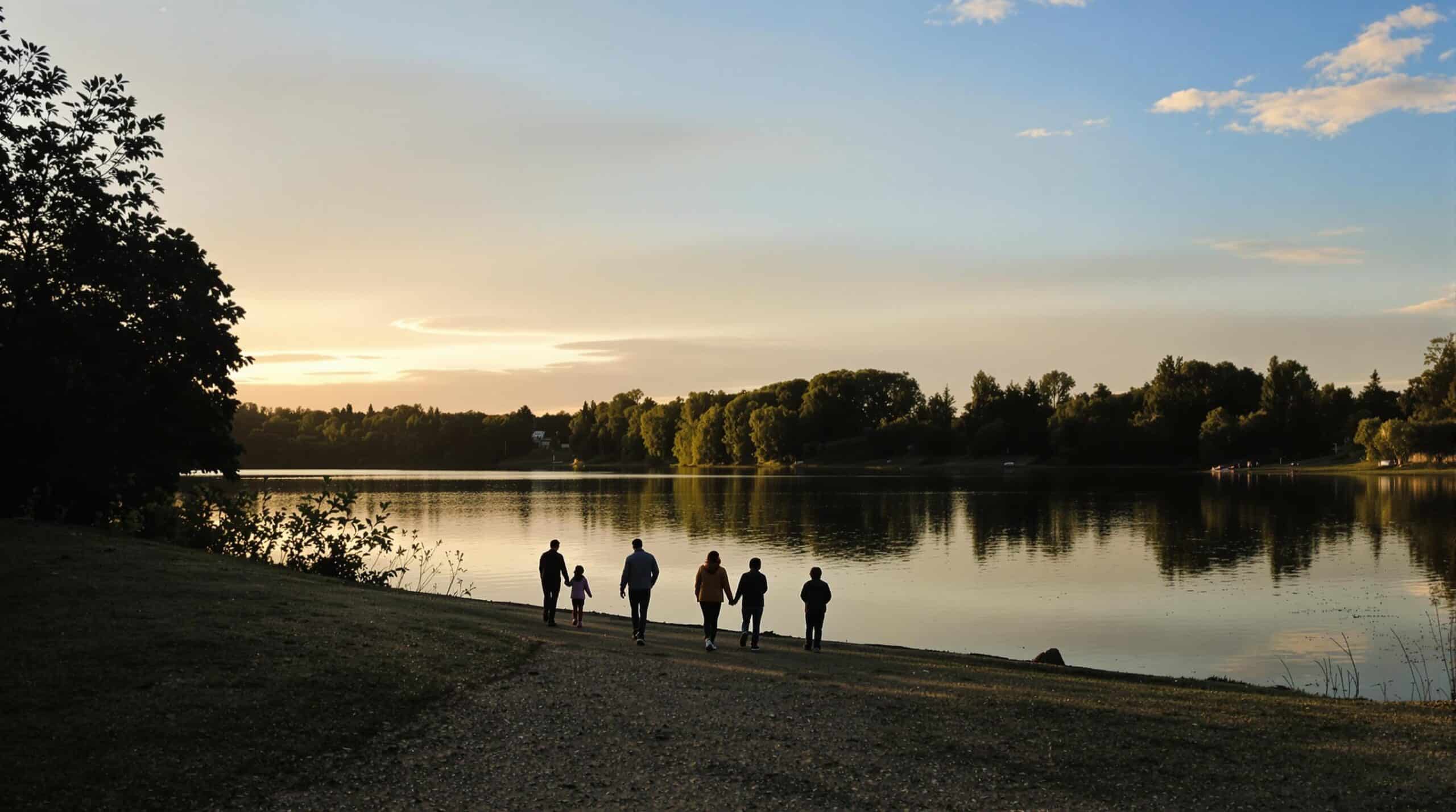 Une famille au crépuscule au bord d'un lac.