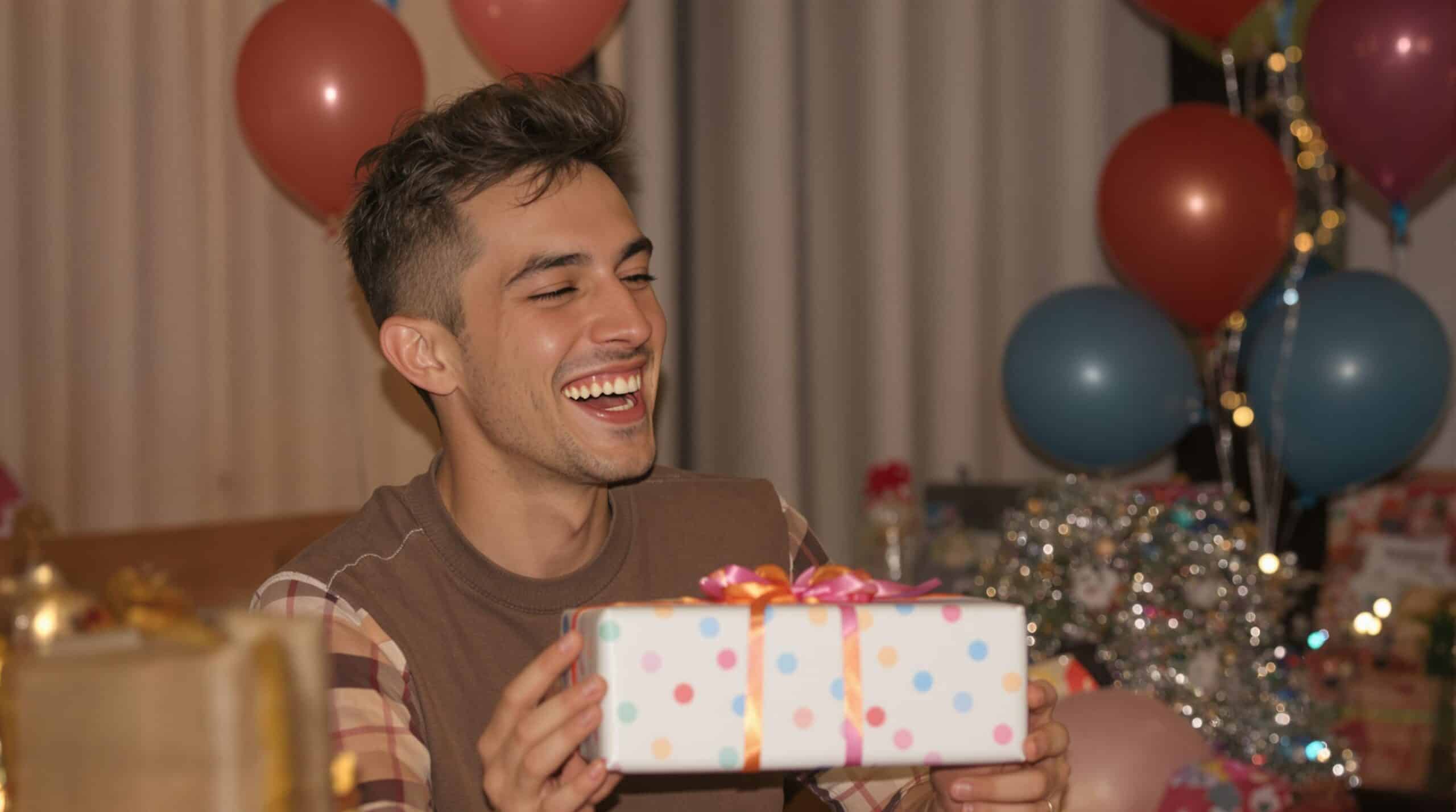 Un homme se réjouit de son cadeau.