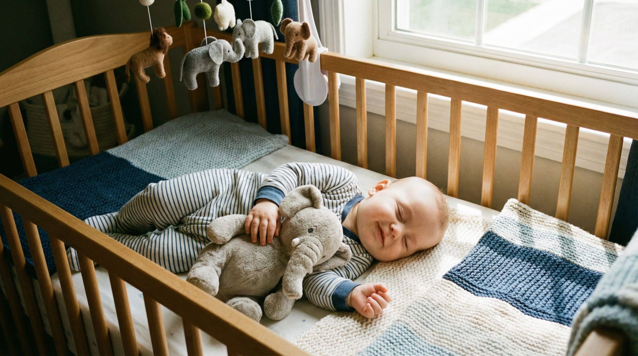 Un bébé dort dans son lit bébé et câline une peluche.