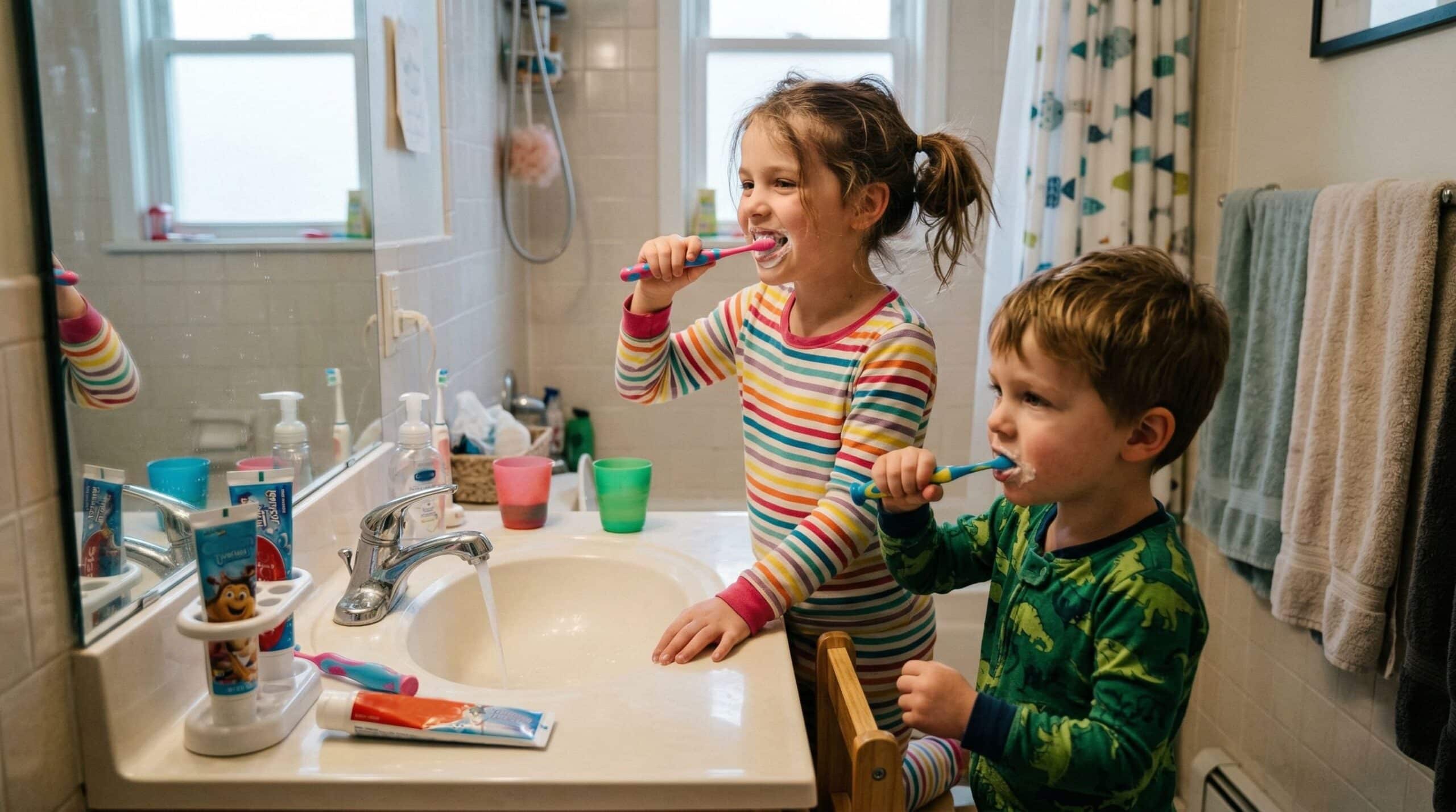 Les enfants se brossent les dents seuls dans la salle de bain.