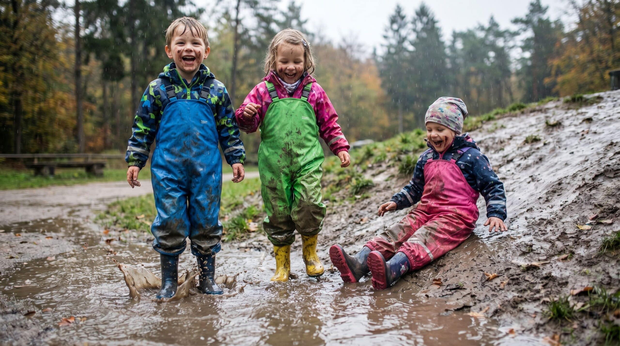 Des enfants en pantalon de pluie jouant dans des flaques d'eau