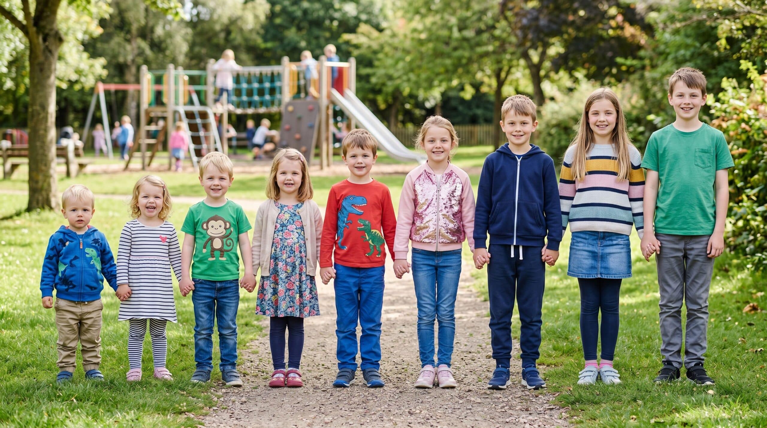 Des enfants d'âges différents se tiennent côte à côte.