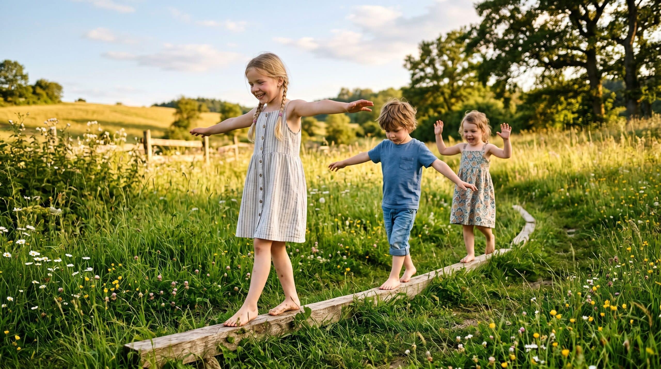 Des enfants marchent en équilibre sur un sentier en bois dans la nature