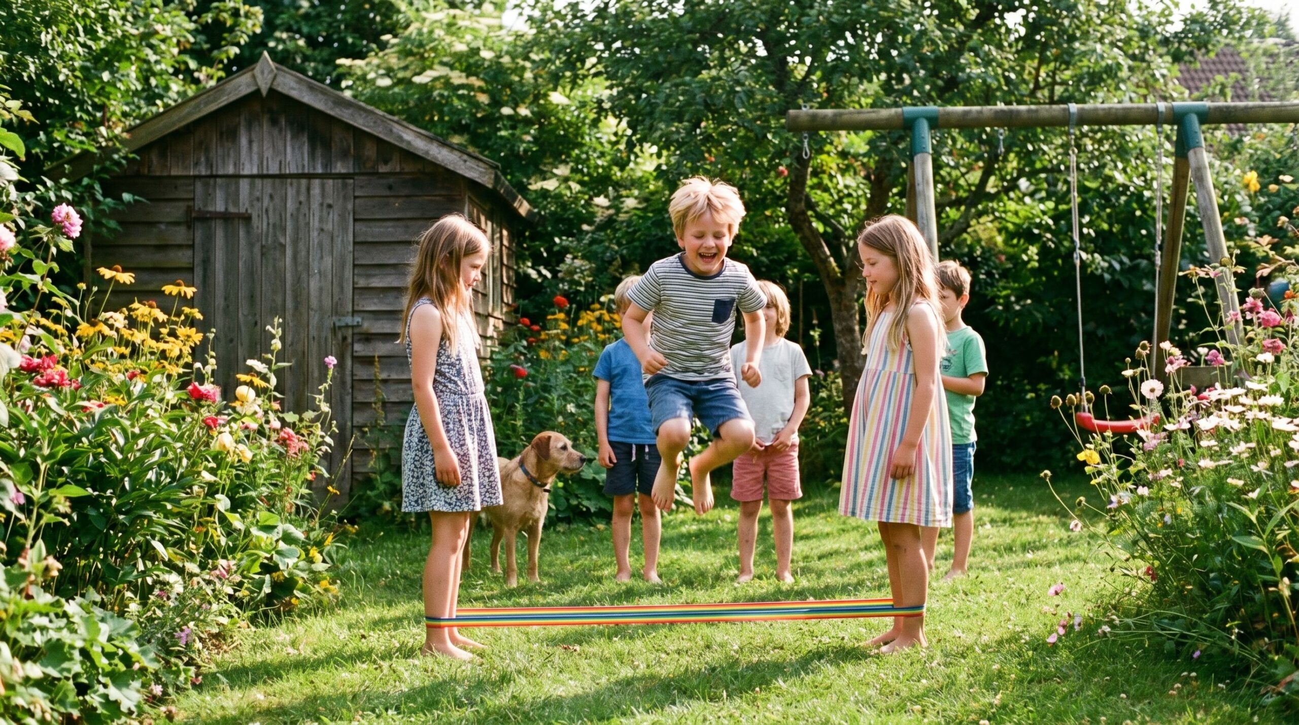 Des enfants jouent à la corde à sauter dans un jardin