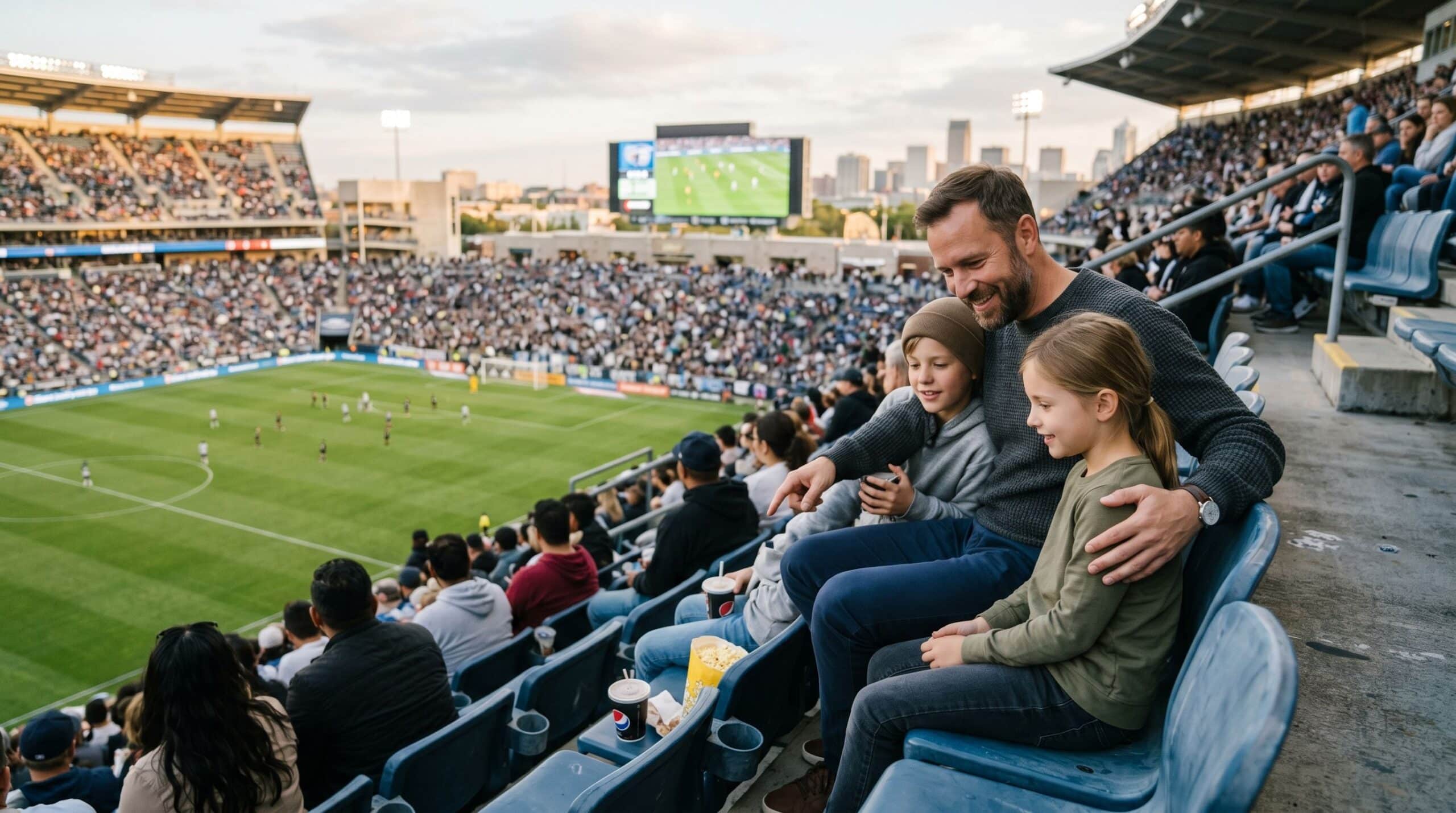 Un père est assis avec ses deux enfants dans un stade de football