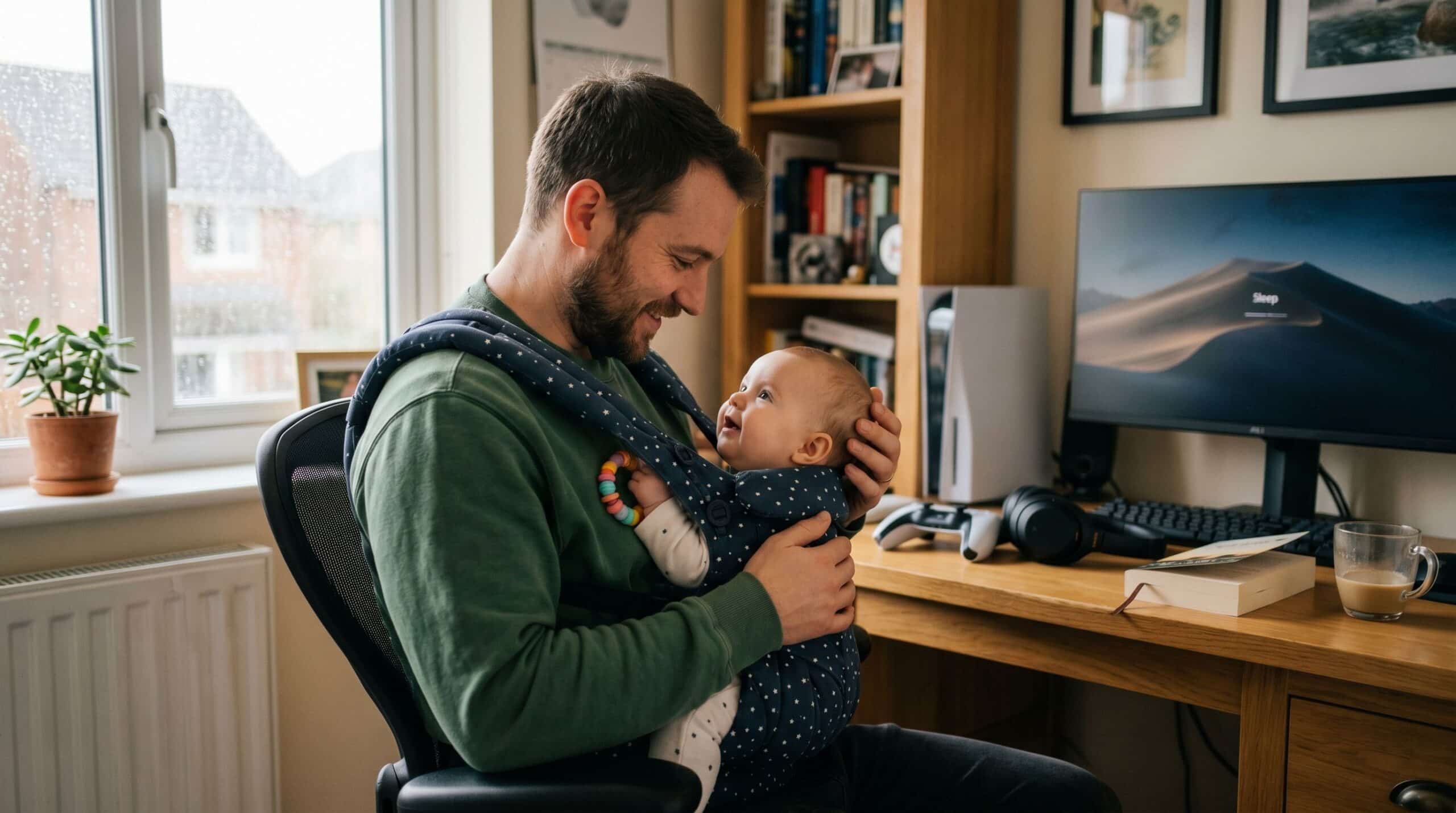 Un père porte son bébé dans un porte-bébé devant lui.